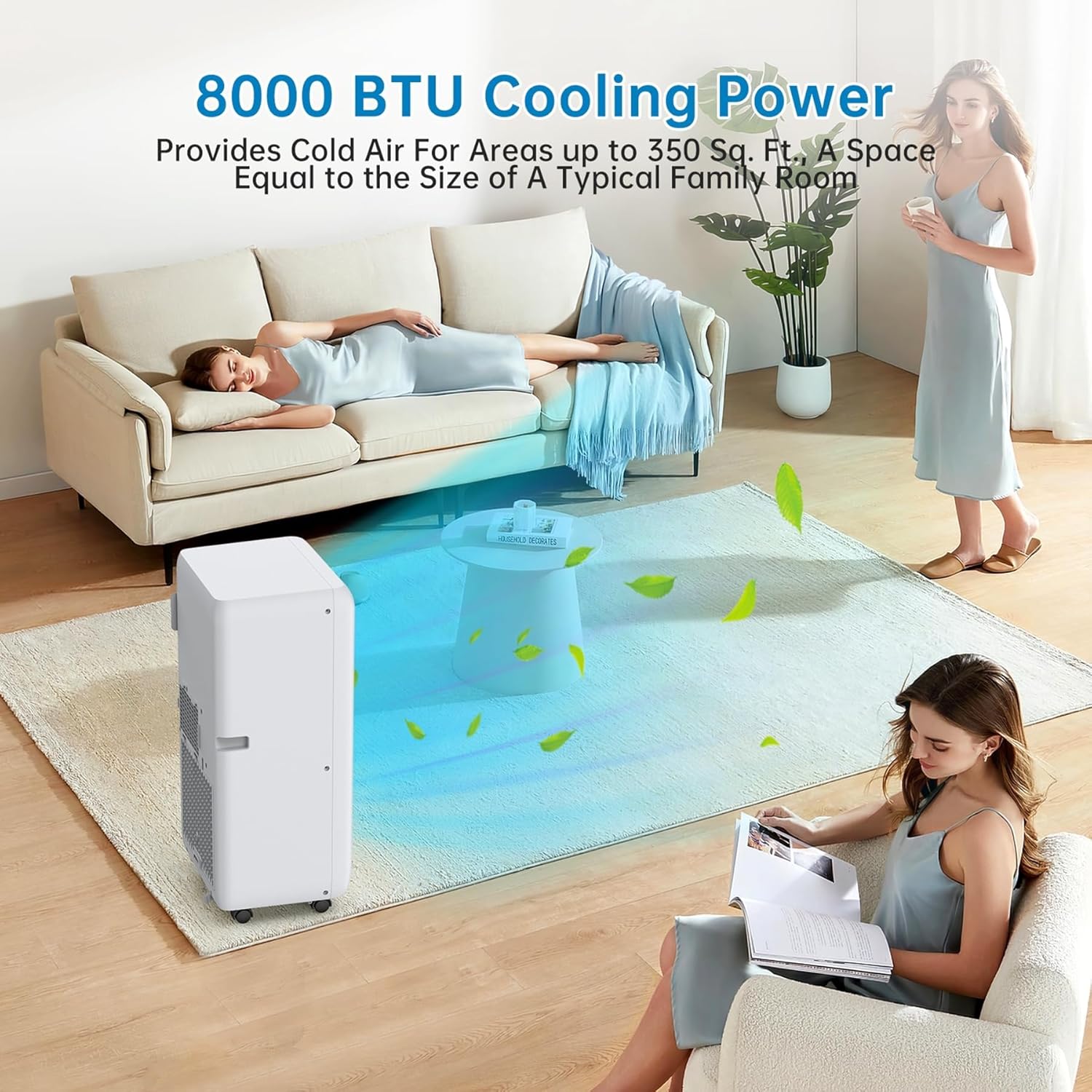 Portable Air Conditioner 8000 BTU, 3 In 1 AC Unit for 350 Sq.Ft. with Built In Dehumidifier, 2 Speed Fan, Timer, Remote, Led Display, Small Air Cooler for Bedroom RV, White&black