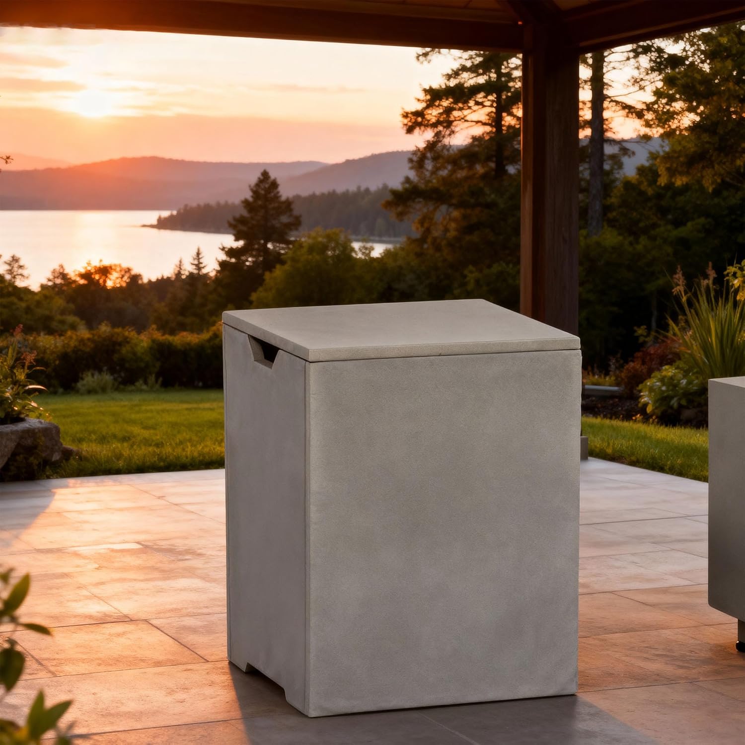 Square Propane Tank Cover with Side Table for Outdoor Fire Pit, 20 lb Gas Cylinder Holder Storage Hideaway Box, Gray Iron Enclosure for Patio Furniture, Garden Use with Gas Fire Pits, Only Table