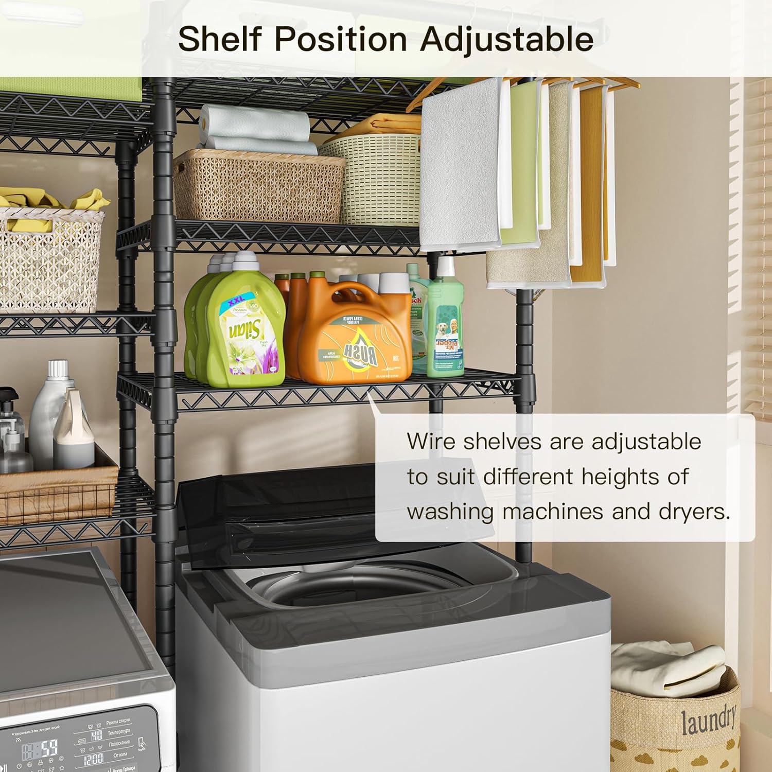 Ulif U13 Over Washer and Dryer Storage Shelves, 6 Tiers Laundry Room Standing Shelf with 2 Hanger Rods, Space Saver Clothes Drying Rack, 63.4