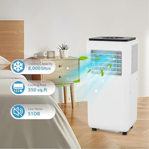 8000BTU Portable Air Conditioner, 3-In-1 Portable Room Air Conditioner with Remote, Sleep Mode, Remote Control, Cooling, Dehumidification, Cooling Area Up to 350 Sq. Ft. Office, Bedroom, White&Black