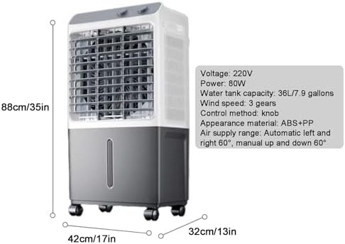 Evaporative Cooler, Knob Type Swamp Cooler, Portable Air Conditioners with 4 Ice Crystals, 3 Speed, 120° Oscillation for Room, Patio, Garage(88cm/35in)