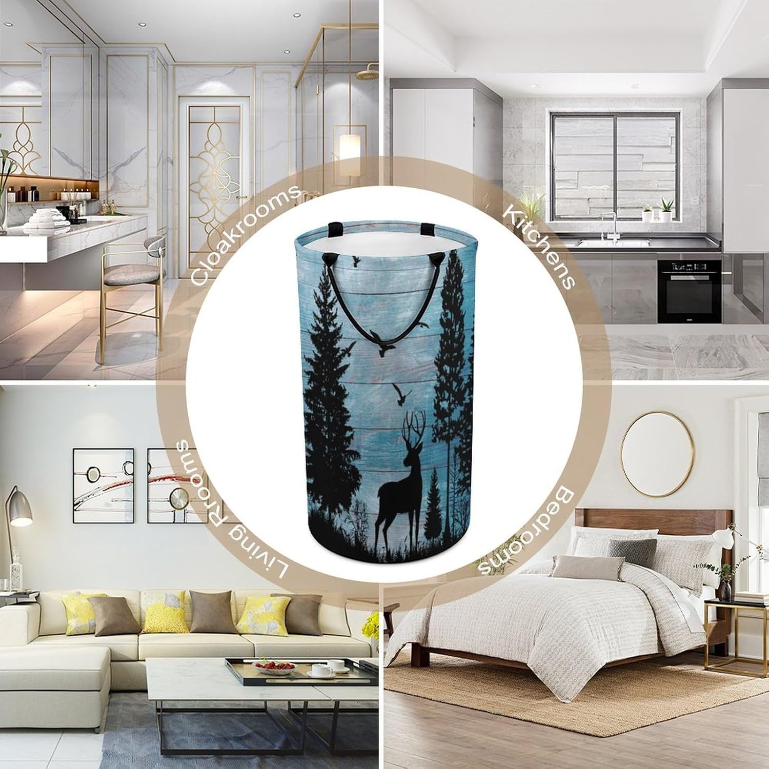 Rustic Forest Wood Board Deer Laundry Hamper Dirty Clothes,Abstract Hunting Theme Jungle Wildlife Silhouette Deer Bird Large Laundry Basket Storage Basket For Bathroom 15.7W