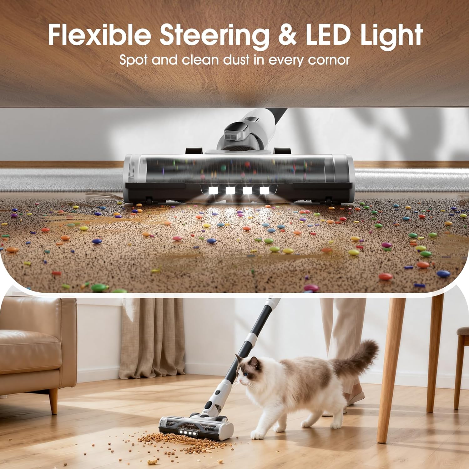 Cordless Vacuum Cleaner, 600W 50KPA 70Mins Runtime Fast Charging Vacuum Cleaner, Self-Standing LED Light Touch Screen Stick Vacuum for Home Light Weight,for Pet Hair/Carpet/Floor, White