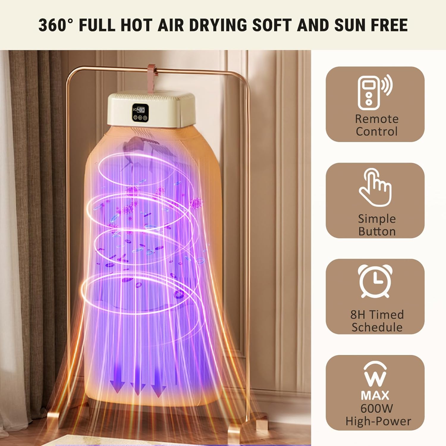 Portable Clothes Dryer Hold 9-12 Items, 8H Timer, w/Remote Control & Dry Bag, Mini Compact Foldable Fast Electric Dryer Machine for Laundry, Travel, Apartment, RV, Dorm, Low Noise, Energy Saving, 600W