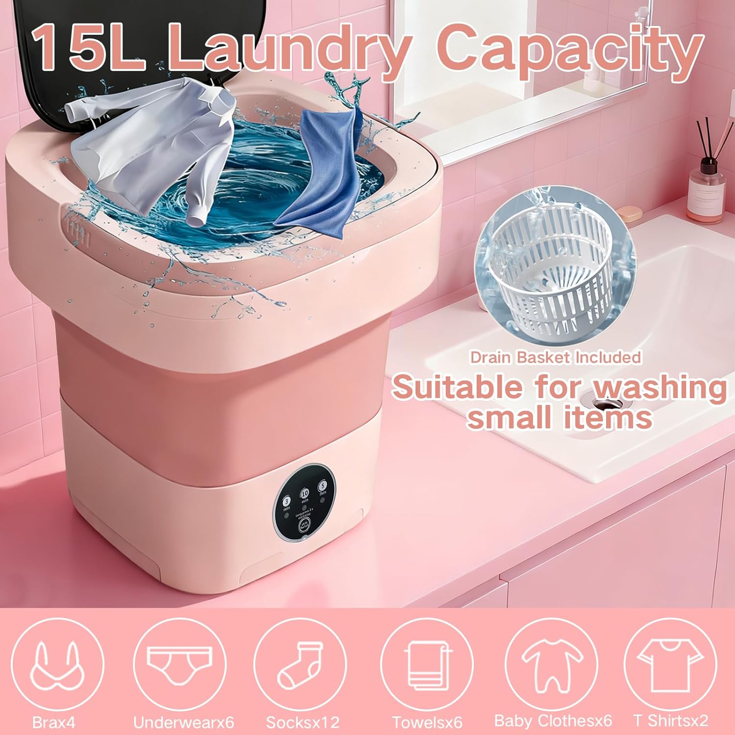 Portable Washing Machine, 15L Mini Collapsible Washer with 3 Cleaning Modes for Baby Clothes, Underwear, Small Foldable Laundry for Travel Apartment Home Dorm Hotel Camping (Pink)