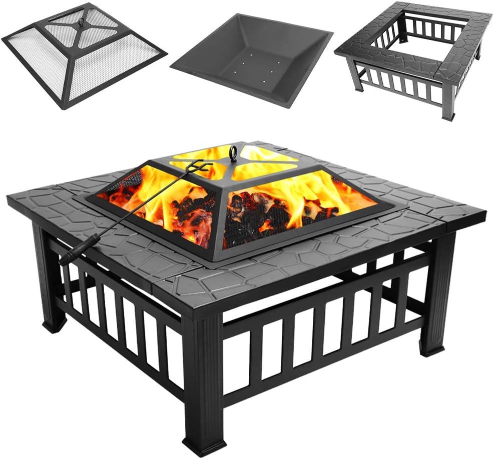32 Inch Outdoor Metal Square Patio Table Fire Pit, Multifunctional Terrace Backyard BBQ Grill Garden Stove Ice Pit - Wood Burning Fireplace with Mesh Spark Screen Top, Wood Grate and Poker