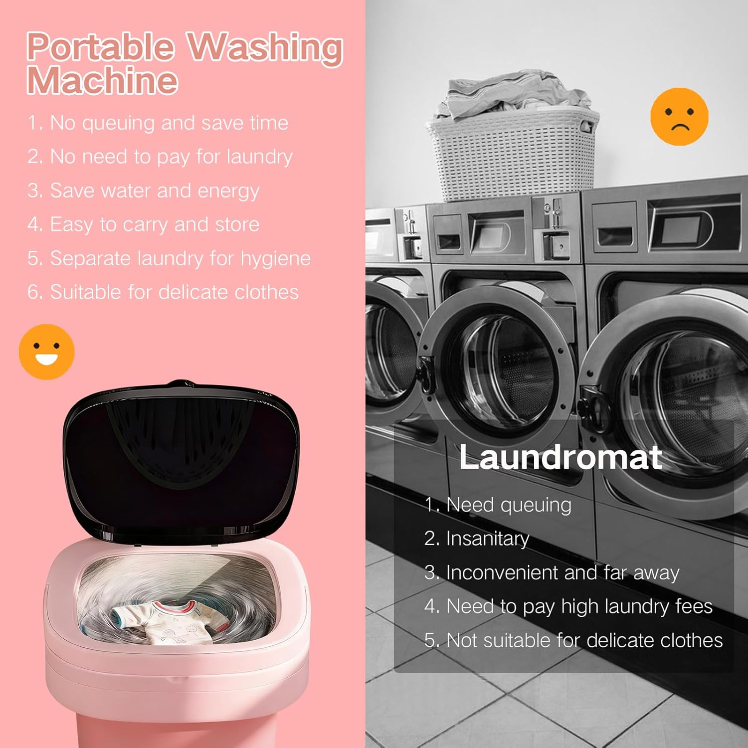 Portable Washing Machine, 15L Mini Collapsible Washer with 3 Cleaning Modes for Baby Clothes, Underwear, Small Foldable Laundry for Travel Apartment Home Dorm Hotel Camping (Pink)
