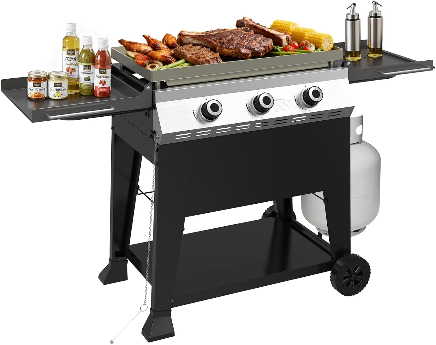 3-Burner Propane Gas Griddle, 36,000 BTU Outdoor Flat Top Propane Grill with 420 Sq In Cooking Area, Rolling Wheels & Folding Side Shelves for Camping, Tailgating & Backyard BBQ, Black