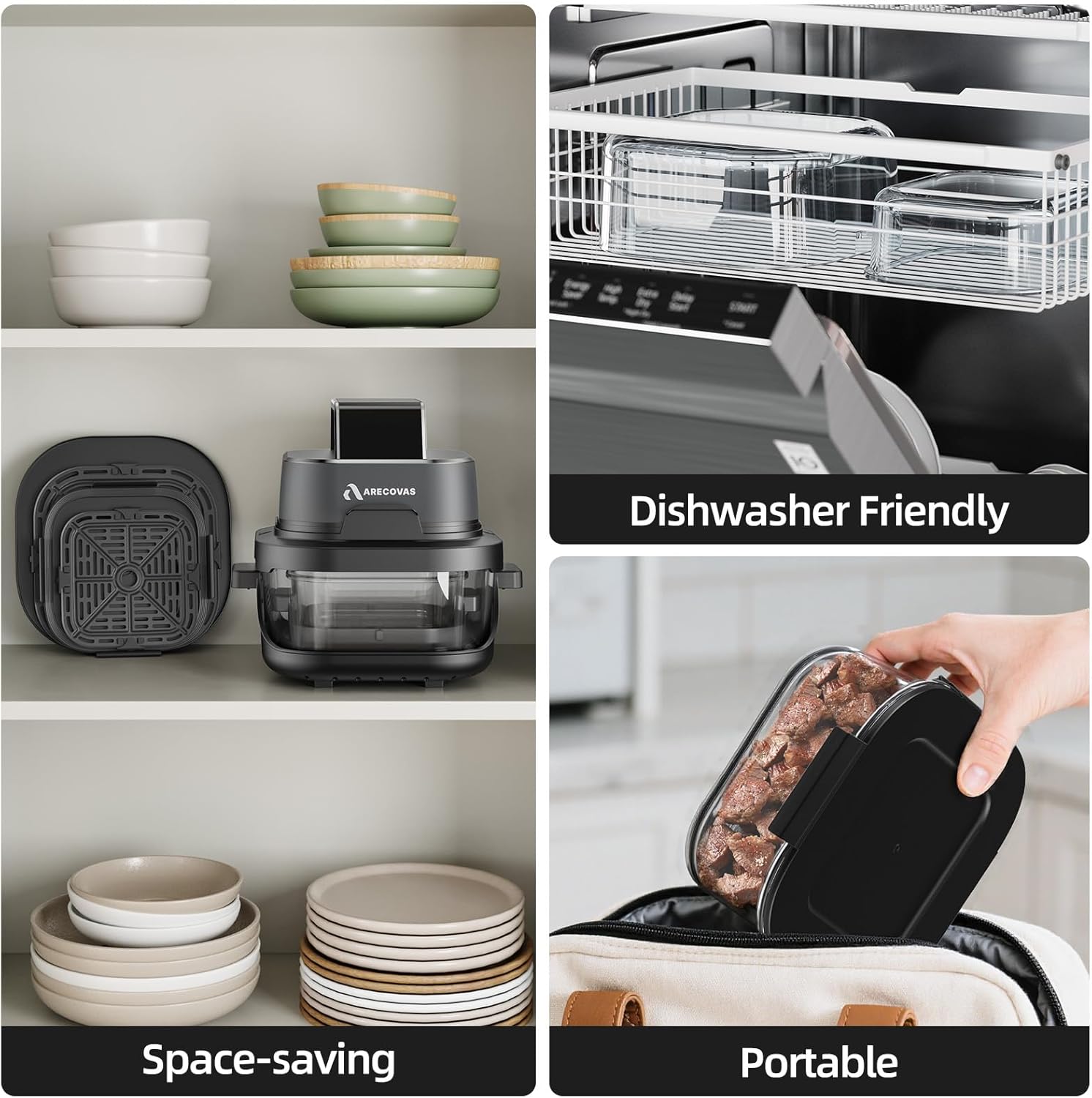 4-in-1 Portable Glass Air Fryer, 140–400°F Precise Heat, Max Crisp Technology, 4.2QT & 1.6QT Dual Containers with Lids, Freezer & Dishwasher Safe, Bake, Recrisp, Air Fry