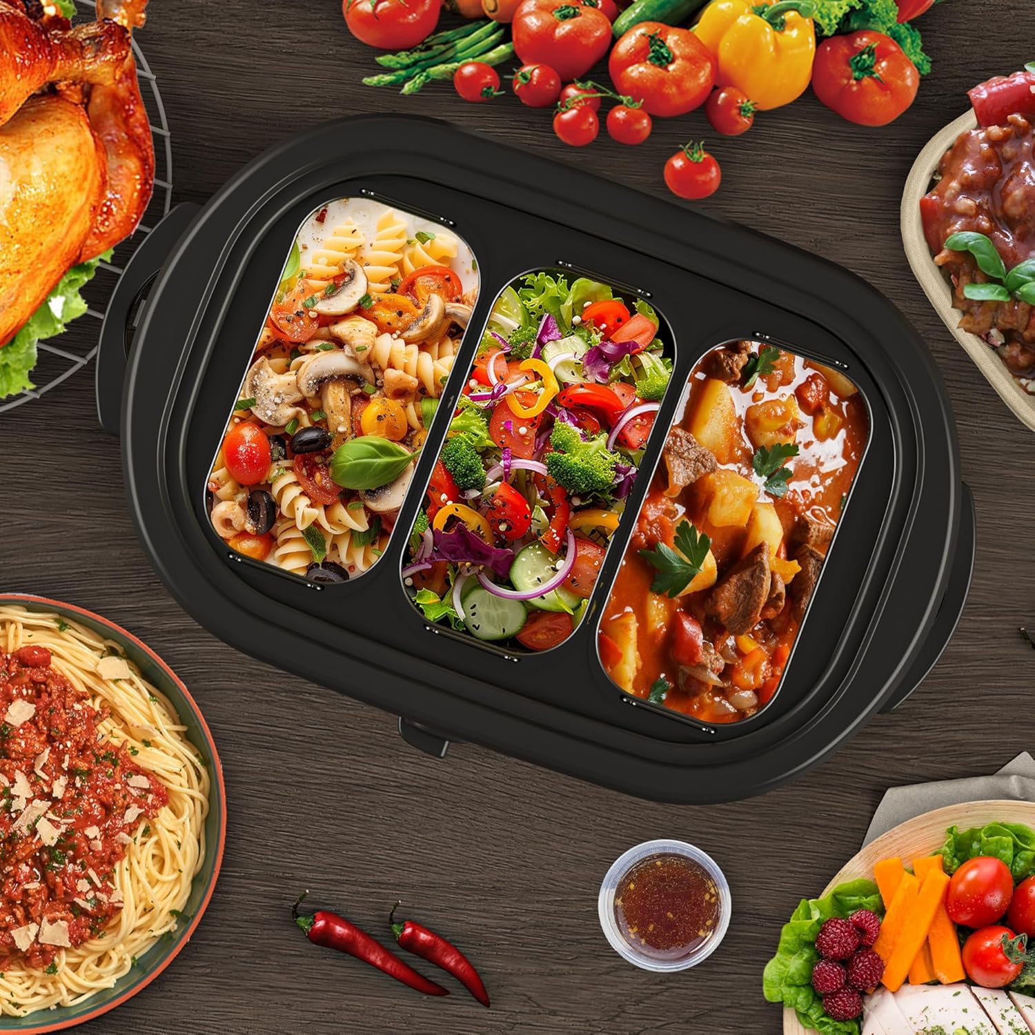 Sunvivi Electric Roaster Oven, Roaster with Removable 3-bin Buffet Server, 20 QT Turkey Roaster Oven with 150-450°F Full-Range Temperature Control, Removable Pan & Rack, Stainless Steel, Silver