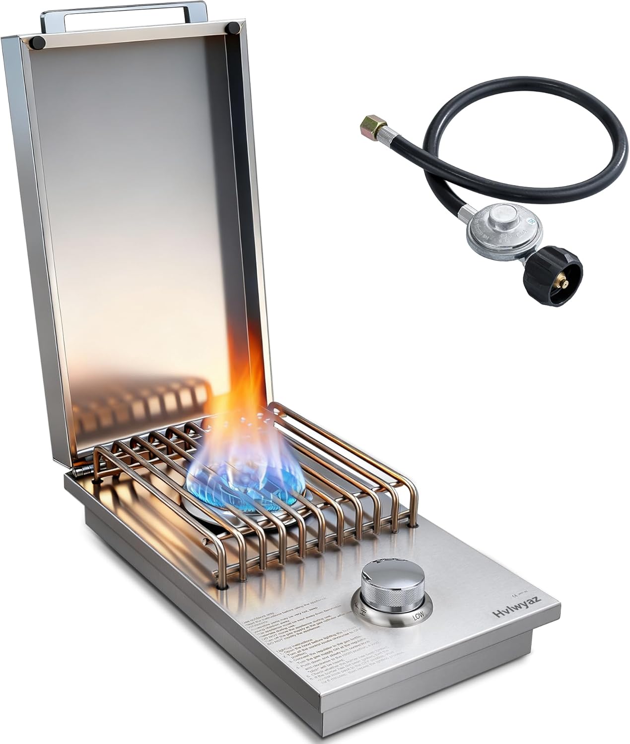 Built-in Single Side Grill Burner with Cover, Silver 304 Stainless Steel Side Burner for Outdoor Kitchen, Propane & Natural Gas, Outdoor BBQ for Family Patio Parties