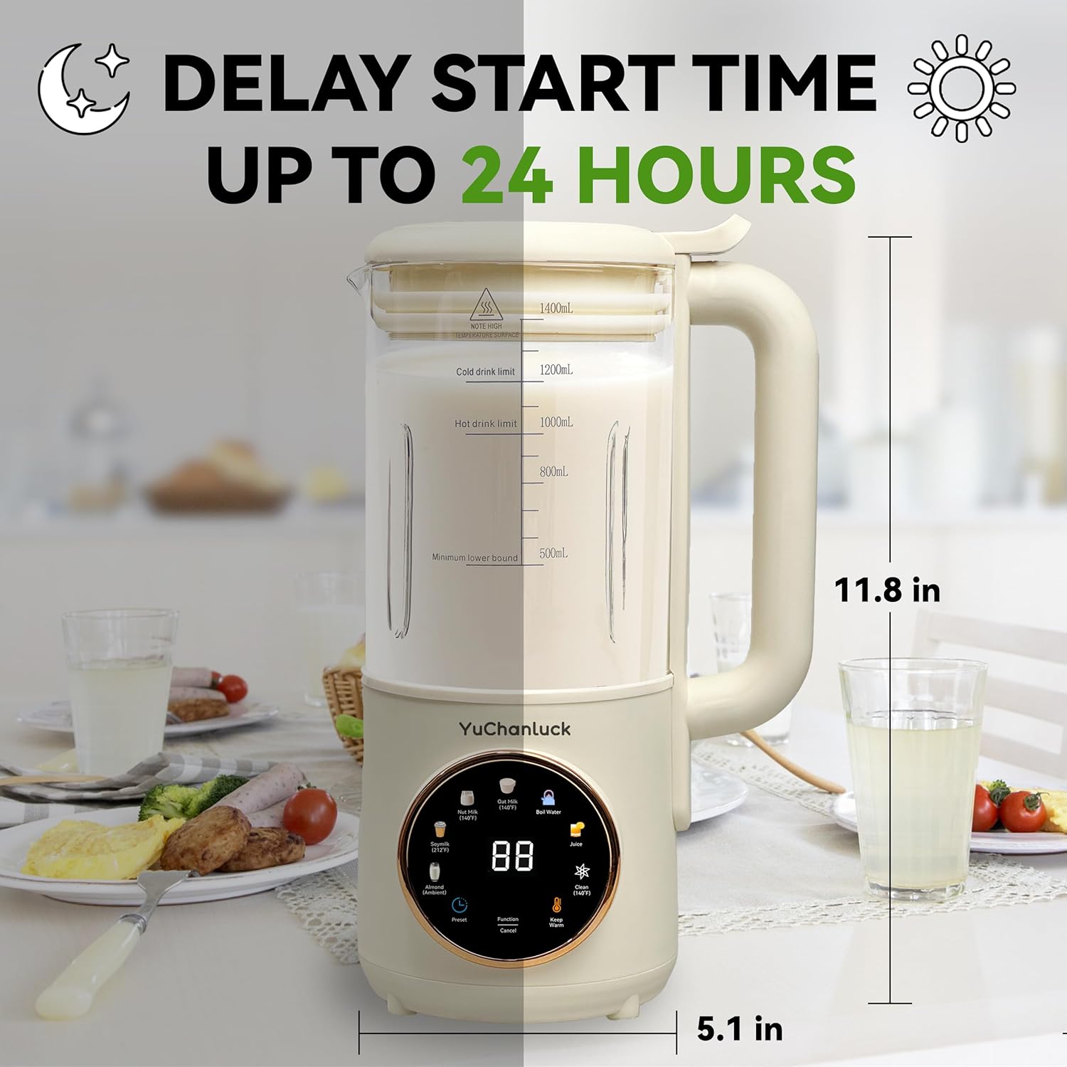 Nut Milk Maker 47oz,Homemade Soy Milk,Almond Milk,Plant Based Milks,Oat Milk,Coconut,Baby Food,Electric Bean and Nut Milk Machine with Delay Start/24 Hours Timer/Keep Warm/Self-Cleaning/Boil Water