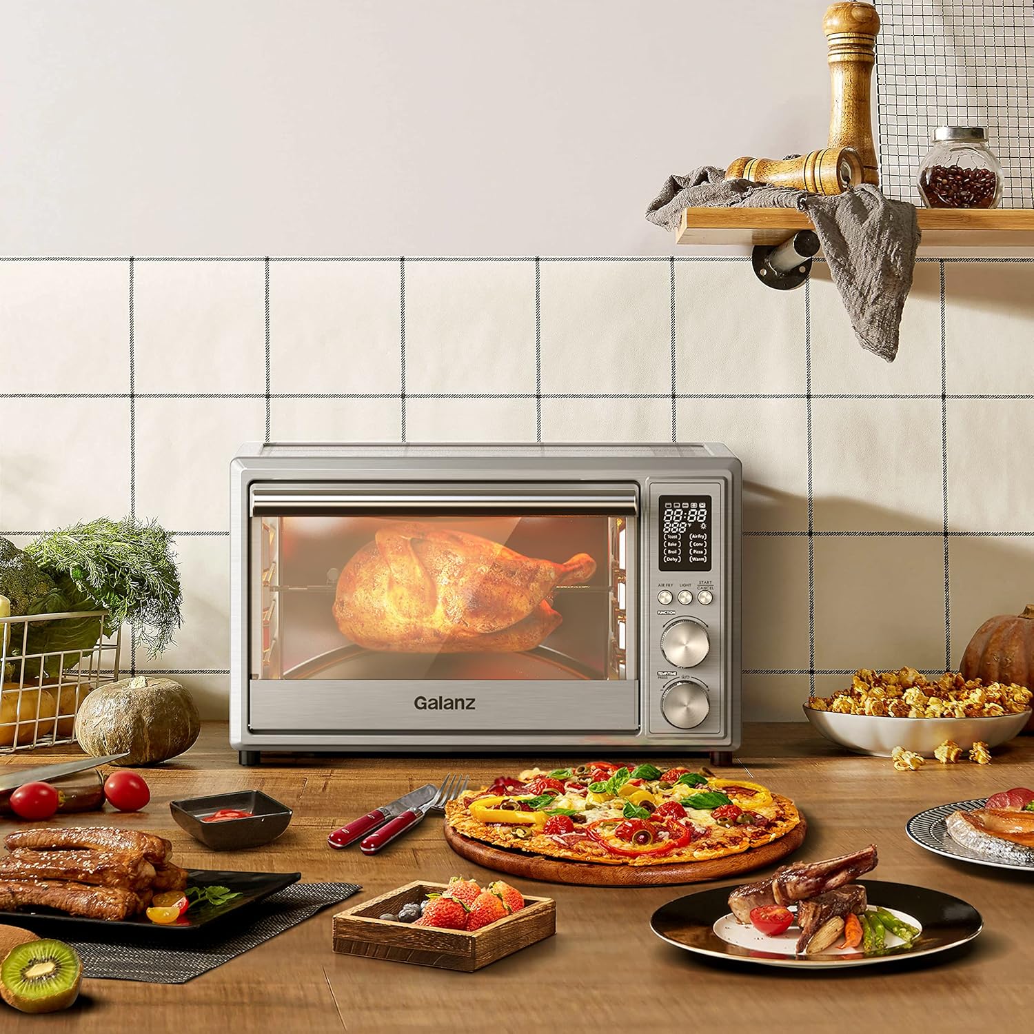 Galanz GT12SSDAN18 Digital Fry & Rotisserie Combo 8-in-1 Air Fryer Toaster, Convection Oven with Pizza & Dehydrate, 4 Accessories Included, 1800W, 26 Quart Large, Stainless Steel, 30L, 2 knobs