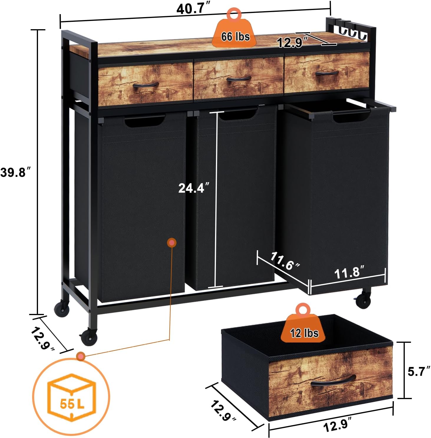 Laundry Hamper, Laundry Sorter 3 Section, Rolling Laundry Basket with Wheels, 3 Drawers, 3 × 14.5 Gal (55 L), Pull-Out and Removable Oxford Fabric Bags, Black and Rustic Brown