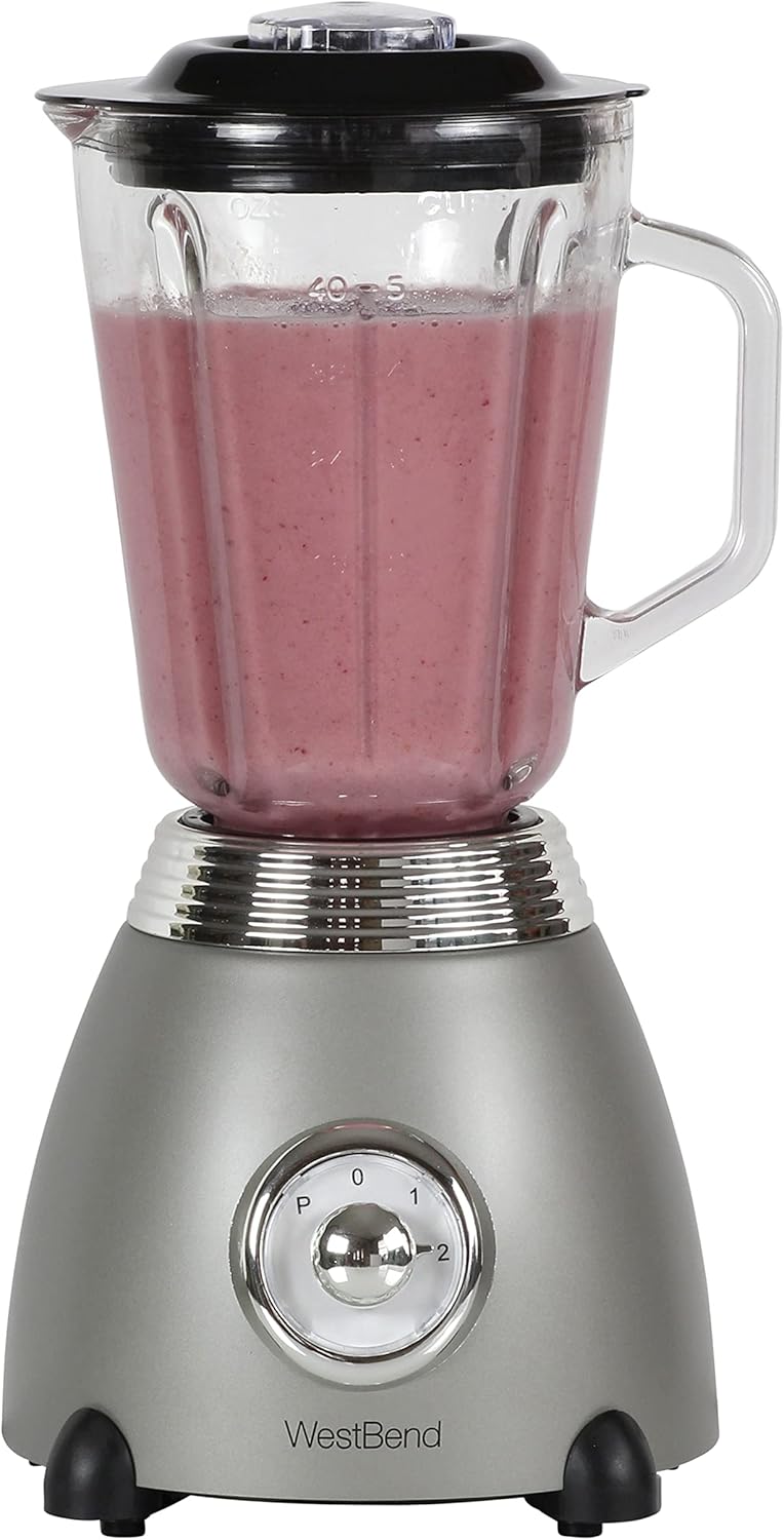 West Bend Blender Retro-Styled 3 Speeds with 48 oz Glass Blending Jar and Stainless Steel Blade, 500-Watts, Gray