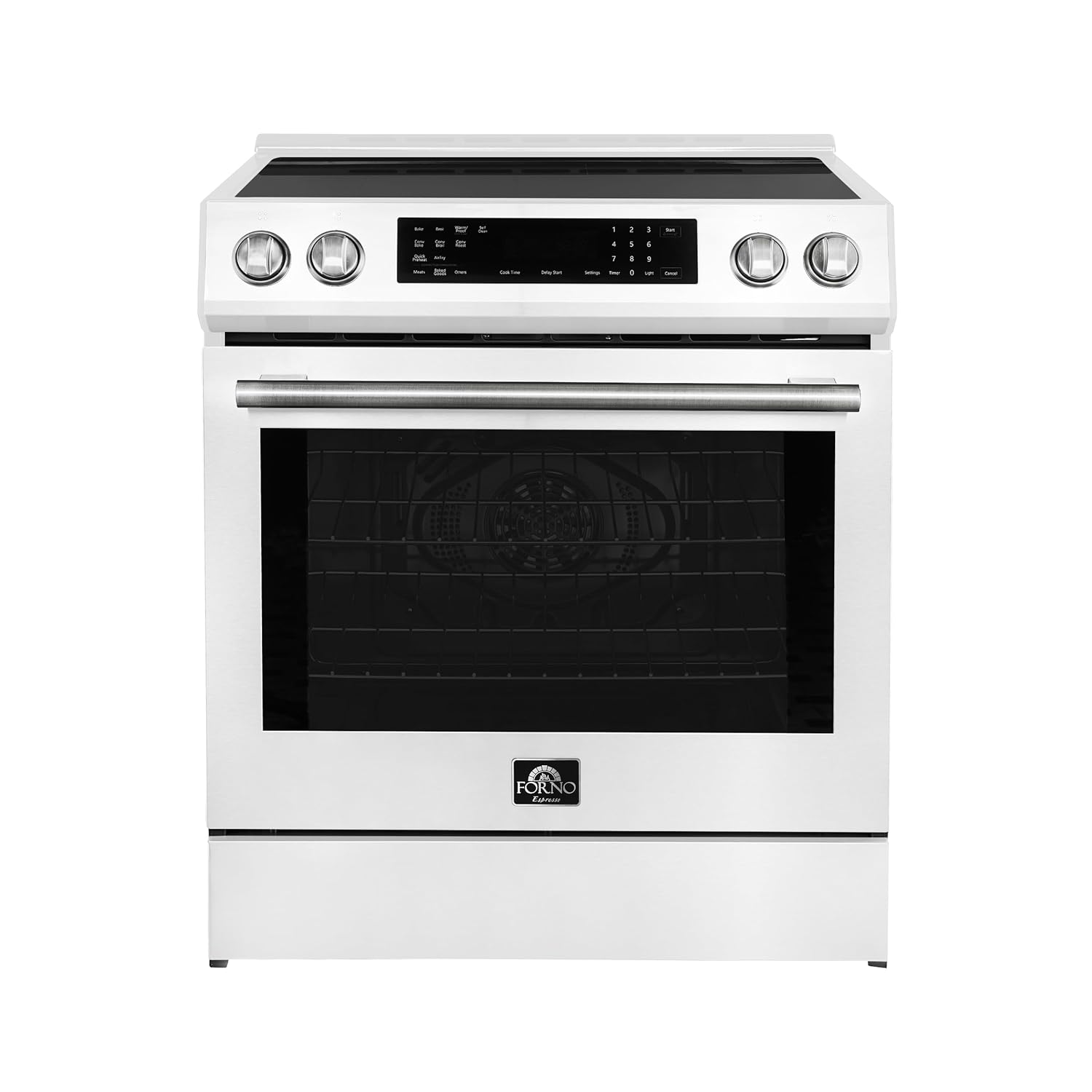 Forno Donatello 30-Inch Freestanding Induction Range, 5.0 cu.ft. – Espresso Finish with Antique Brass & Stainless Handle – LED Touch Screen, 4 Elements, Convection Oven – Model FFRBI6468-30E