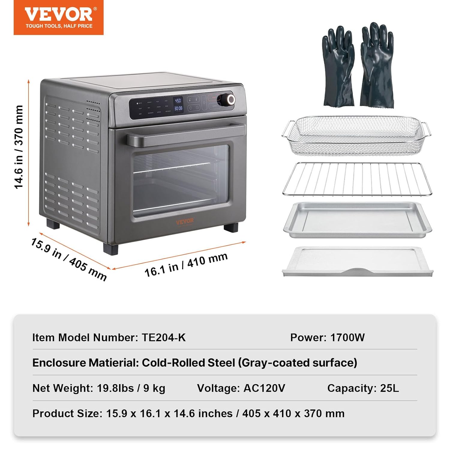 VEVOR 12-IN-1 Air Fryer Toaster Oven, 25L Convection Oven, 1700W Toaster Ovens Countertop Combo with Grill, Pizza Pan, Gloves, 12 Slices Toast, 12-inch Pizza, Home and Commercial Use (Grey)