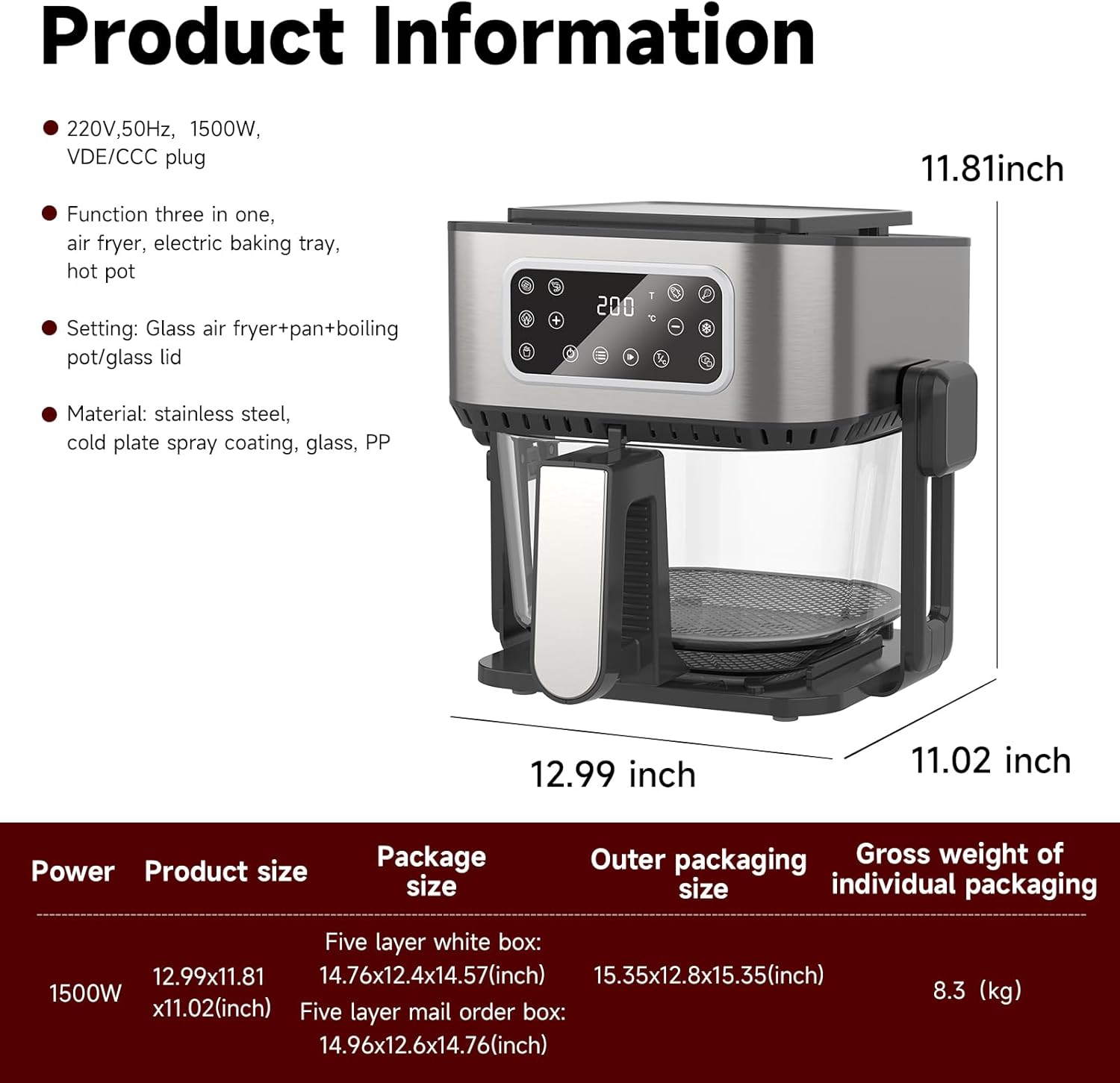 5.2QT 5-in-1 Multifunction Air Fryer with Removable Grill Pan, See-Through Window & Touchscreen, Air Fryer Oven for Grilling Steaks, Boiling, Stewing, Roasting, Baking, Turbo Crisp Technology