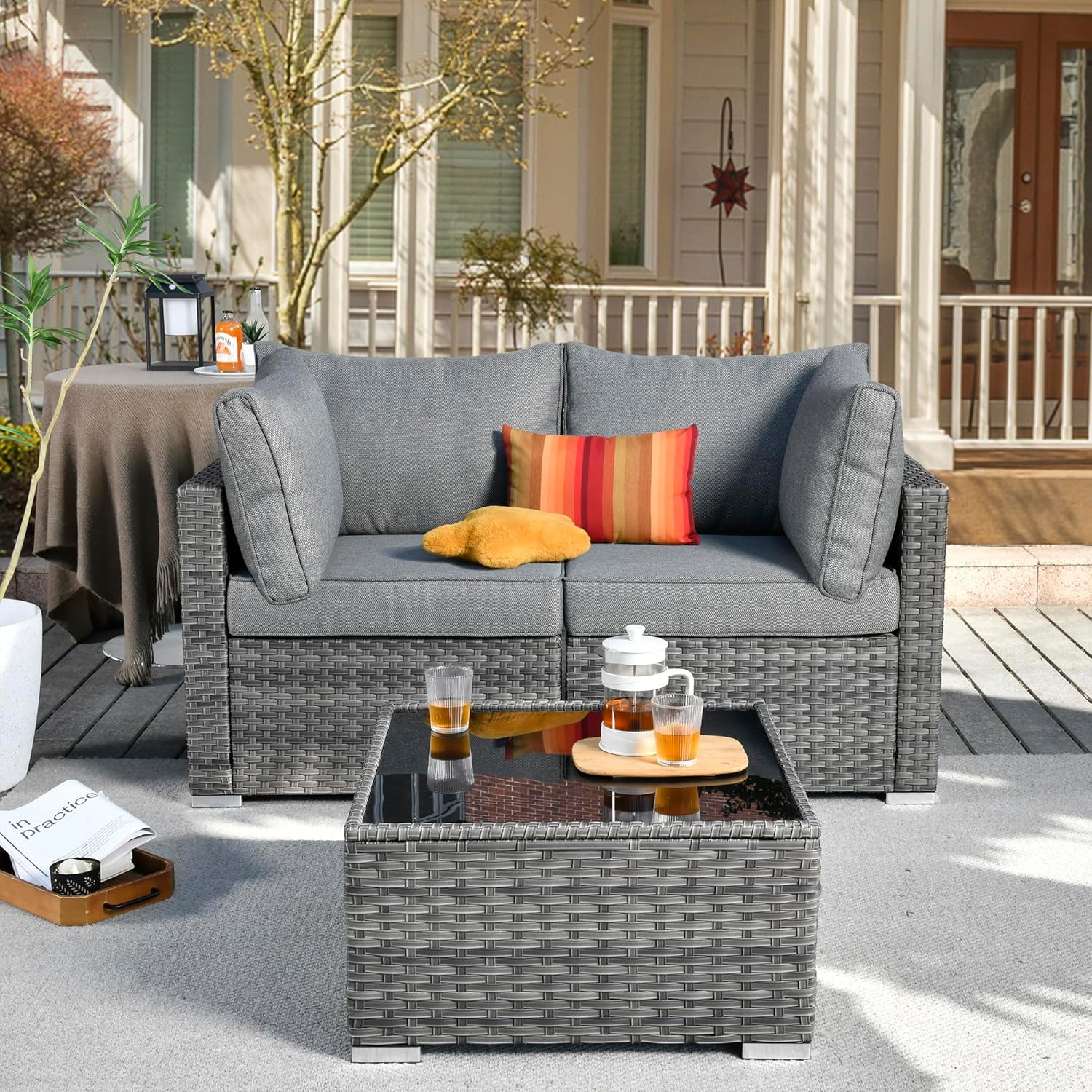 3 Pieces Patio Set Outdoor Wicker Furniture Sets Modern Rattan Chair Conversation Sets with Coffee Table for Yard and Bistro (Dark Grey)