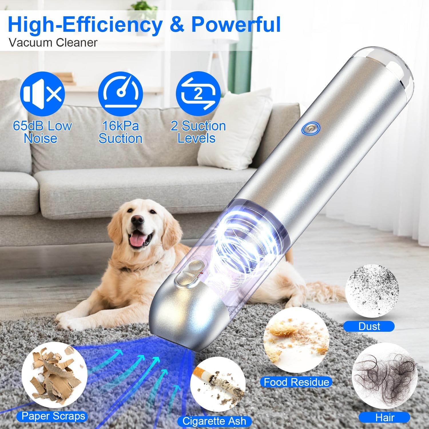 KOCASO Handheld Car Vacuum Cleaner 16000 Pa Powerful Suction with 2 Speeds High Efficiency Air Filter LED SOS Light，Rechargeable Lightweight Cordless Vacuum Cleaner for Car Office Home Keyboard