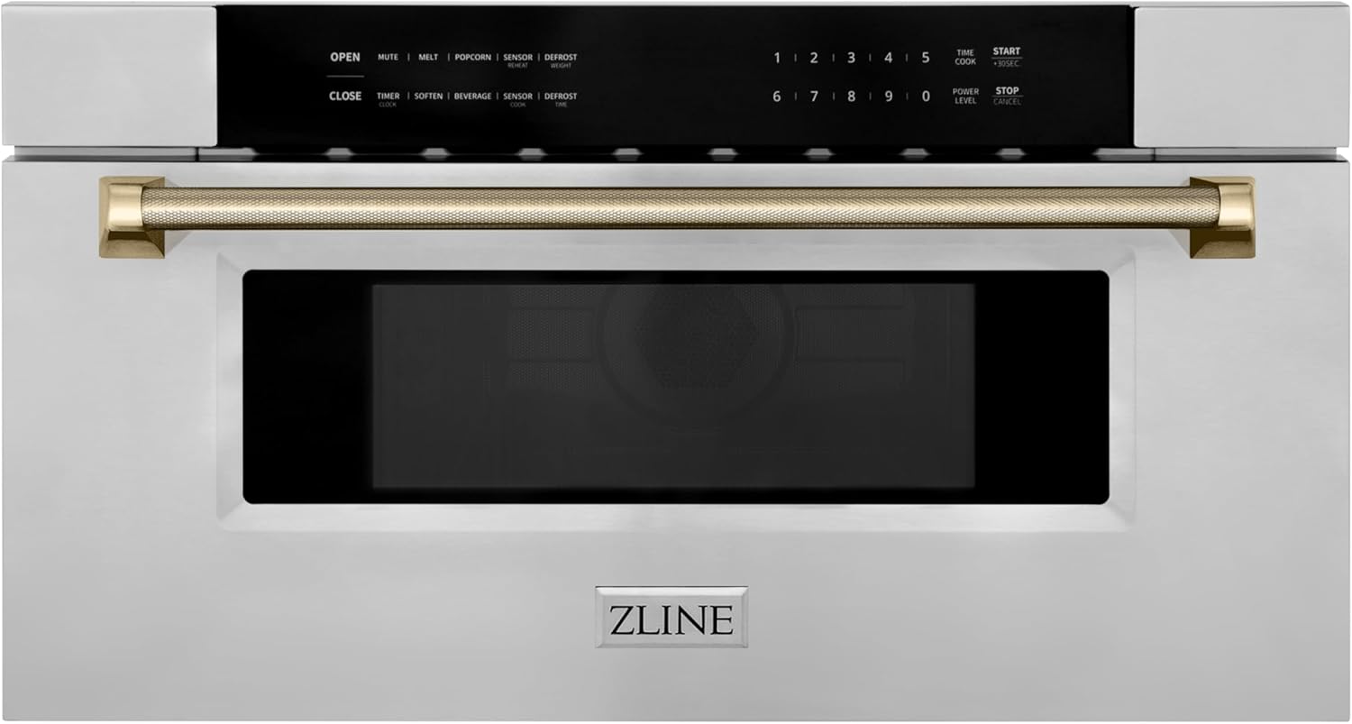 ZLINE Autograph Edition 30 in. 1.2 cu. ft. Built-in Microwave Drawer in Stainless Steel and Polished Gold Helix Handle (MWDZ-30-KG)