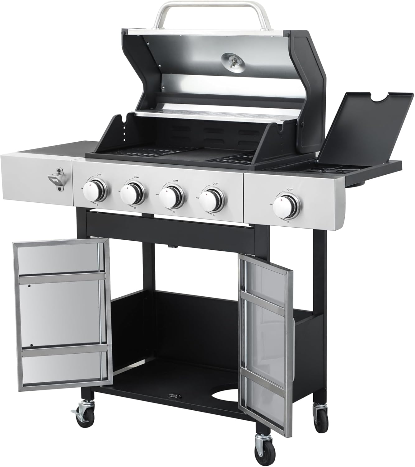 4-Burner Propane Gas BBQ Grill with Side Burner | 46,790 BTU High-Output Outdoor Grill | Enameled Cast Iron Cooking Grids & Stainless Steel Construction | Perfect for Backyard, Patio, Camping