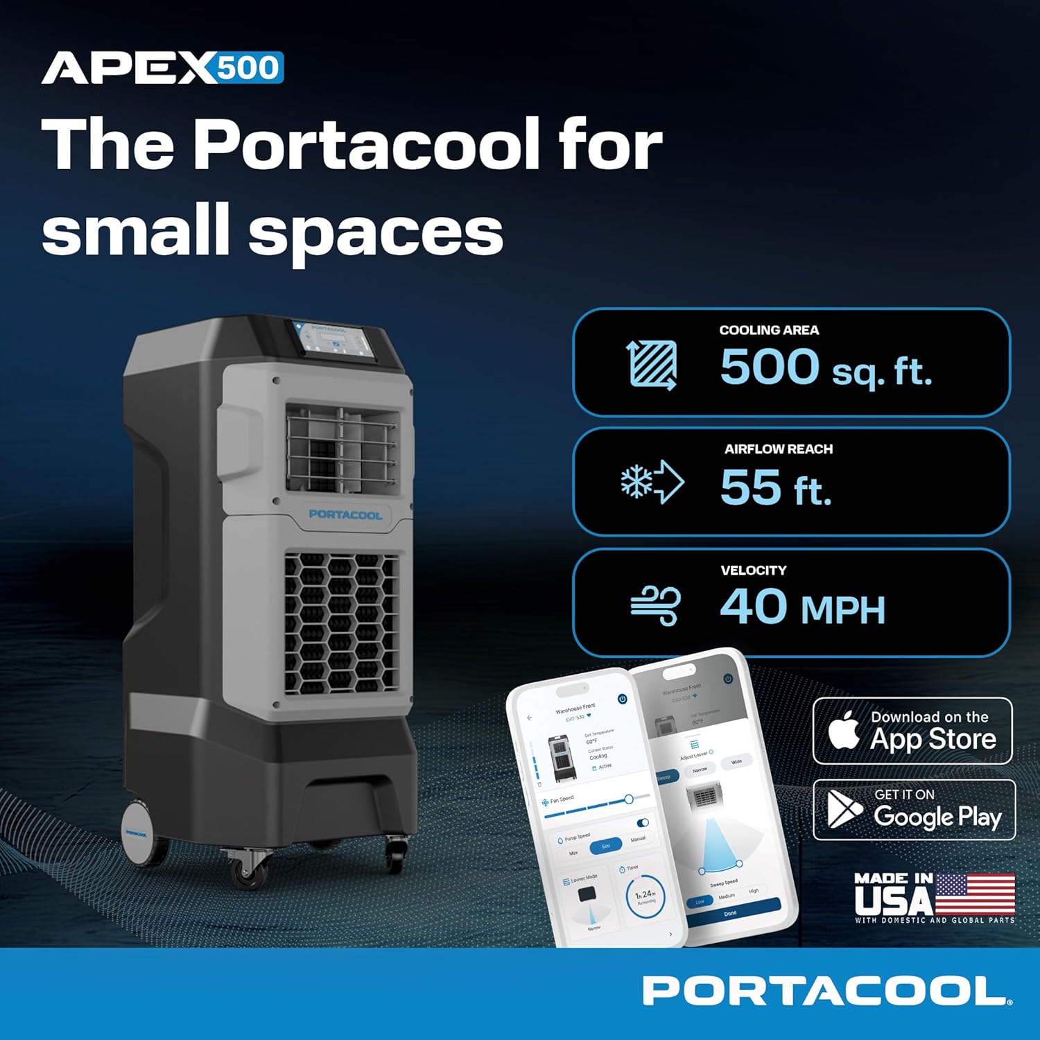 Portacool Apex 500 (PACA05001A1) – Wi-Fi Enabled High Velocity Portable Evaporative Cooler for 500 sq. ft. with up to 55-foot Reach, Oscillating Louvers, Programable, 13 Gallon Reservoir, Variable Spd