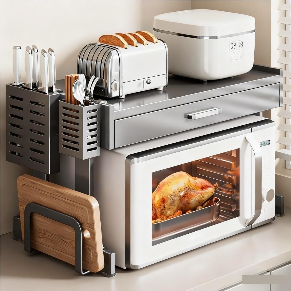 Microwave Stand with Drawer, Countertop Microwave Shelf, Space-Saving Kitchen Organizer for Ovens, Rice Cookers, Small Appliances(Gray,24.4