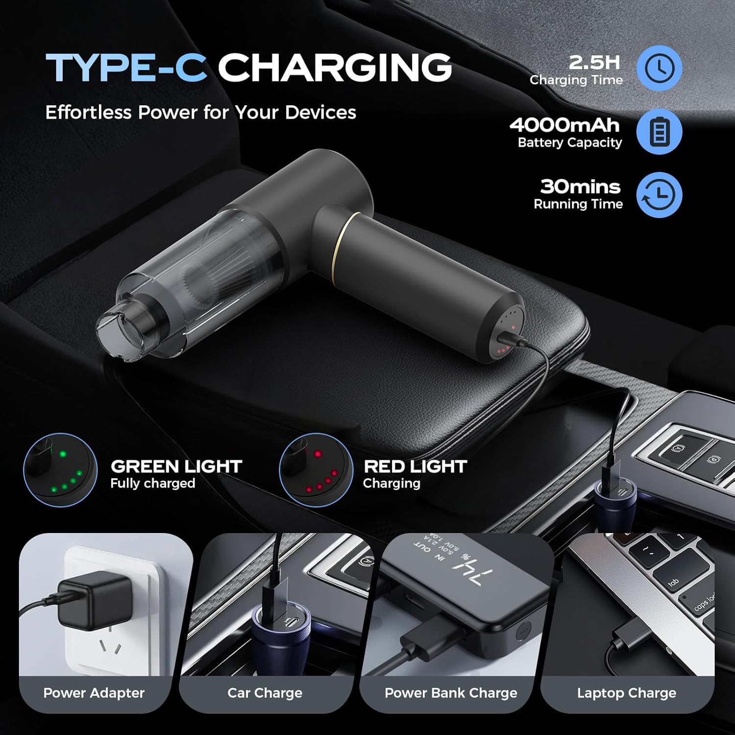 Handheld Vacuum Cordless Rechargeable, Car Vacuum Portable Cordless with Strong Suction15Kpa, Hand Vacuum Ultra-Quiet (75dB), 21min Runtime, Lightweight (1.25 lbs) for Car, Pet Hair, Home