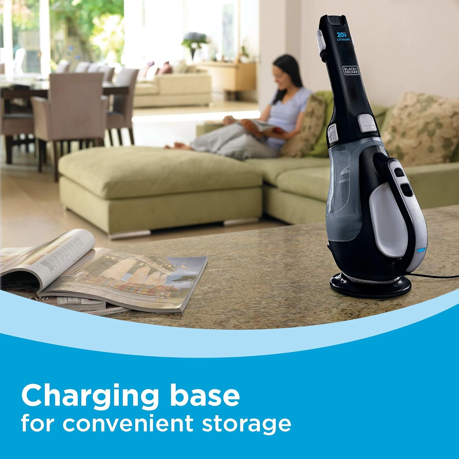 BLACK+DECKER dustbuster 20V Hand Vacuum Cordless Rechargeable, Car Vacuum Portable, Powerful Suction AdvancedClean Hand Vac with Extendible Crevice Tool, Flip-Up Brush and Charging Base (BDH2000L)