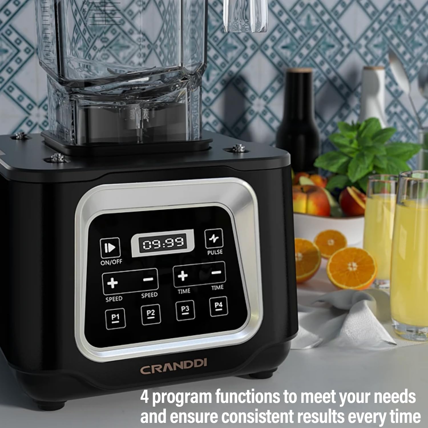 CRANDDI Commercial Smart Smoothie Blender - 2200W High-Power Professional Blenders for Smoothies & More, 4 Pre-Set Programs, Quiet Blender with Removable Shield, 52oz Jar, 120V, K80TS (Black)