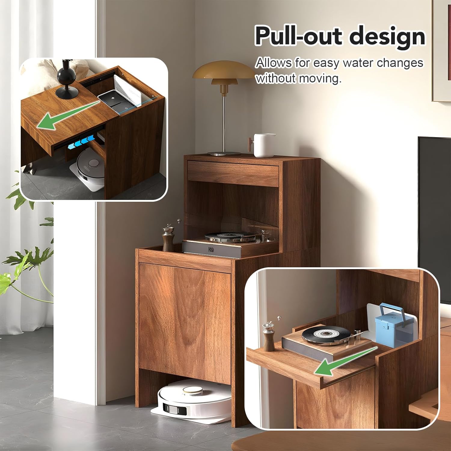 Robot Vacuum Cabinet, Wood Hidden Robot Vacuum Storage Cabinet with Doors, Side Table for Living Room Kitchen Office, Easy Water Changing