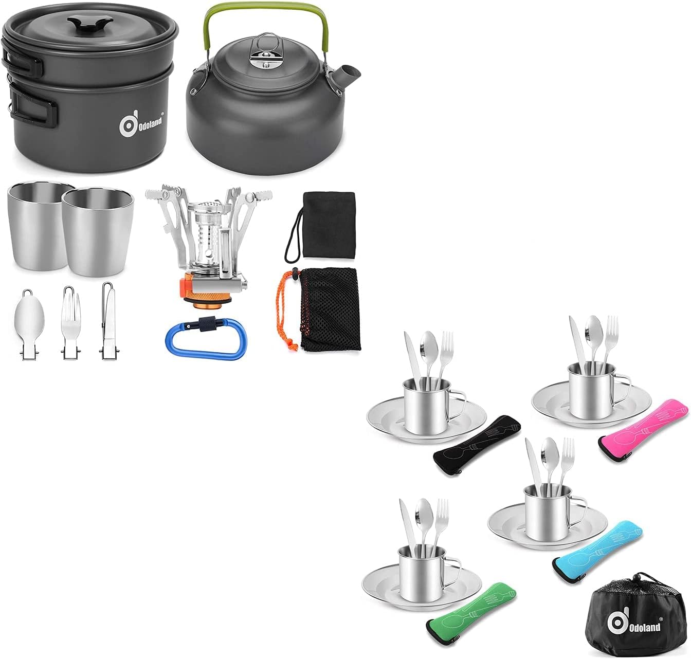 Odoland Bundle – 2 Items 12pcs Camping Cookware Mess Kit with Mini Stove and 25pcs Stainless Steel Utensils Camping Tableware Kit for Backpacking, Outdoor Camping Hiking and Picnic