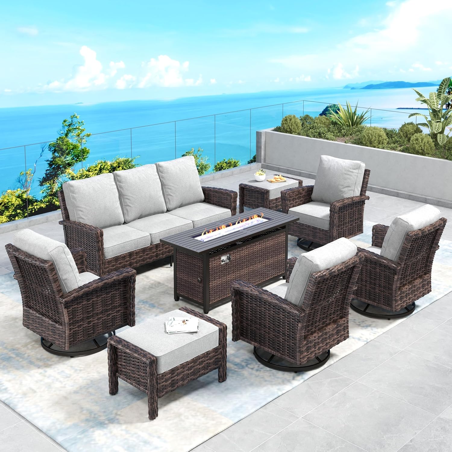 Patio Furniture Set with Swivel Chairs, High Back Wicker Rattan Set with 5.5