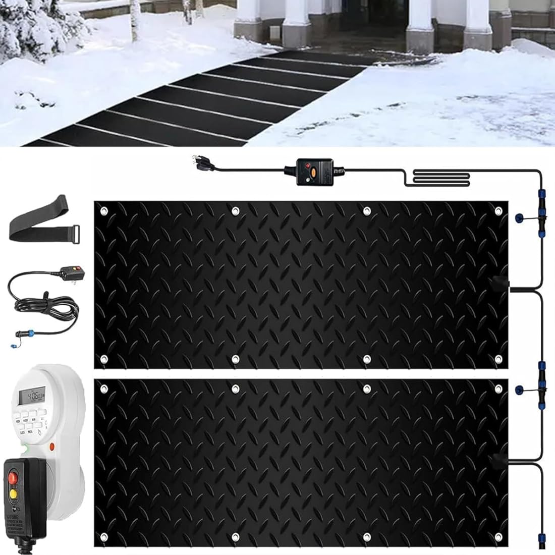Outdoor Heated mat Walkway Snow Melting mats with Timer, 1/2/3/4/5 Pcs Outdoor Stairs- Non-Slip Winter Removal and Ice Melt Products -Heating Entrance with Power Co(2 Pcs-10inx35.4in (25.4x90cm))