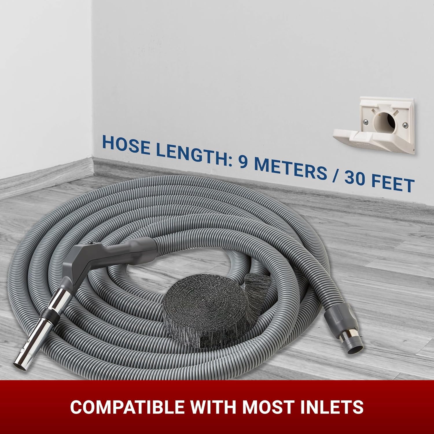 Central Vac System Bare Floor Attachment Set for Cleaning Hardwood Floors Furniture & Draperies - Includes 30FT Crushproof Hose, Dusting Brush, Upholstery & Crevice Tool, Wand, Mesh Storage Bag & More