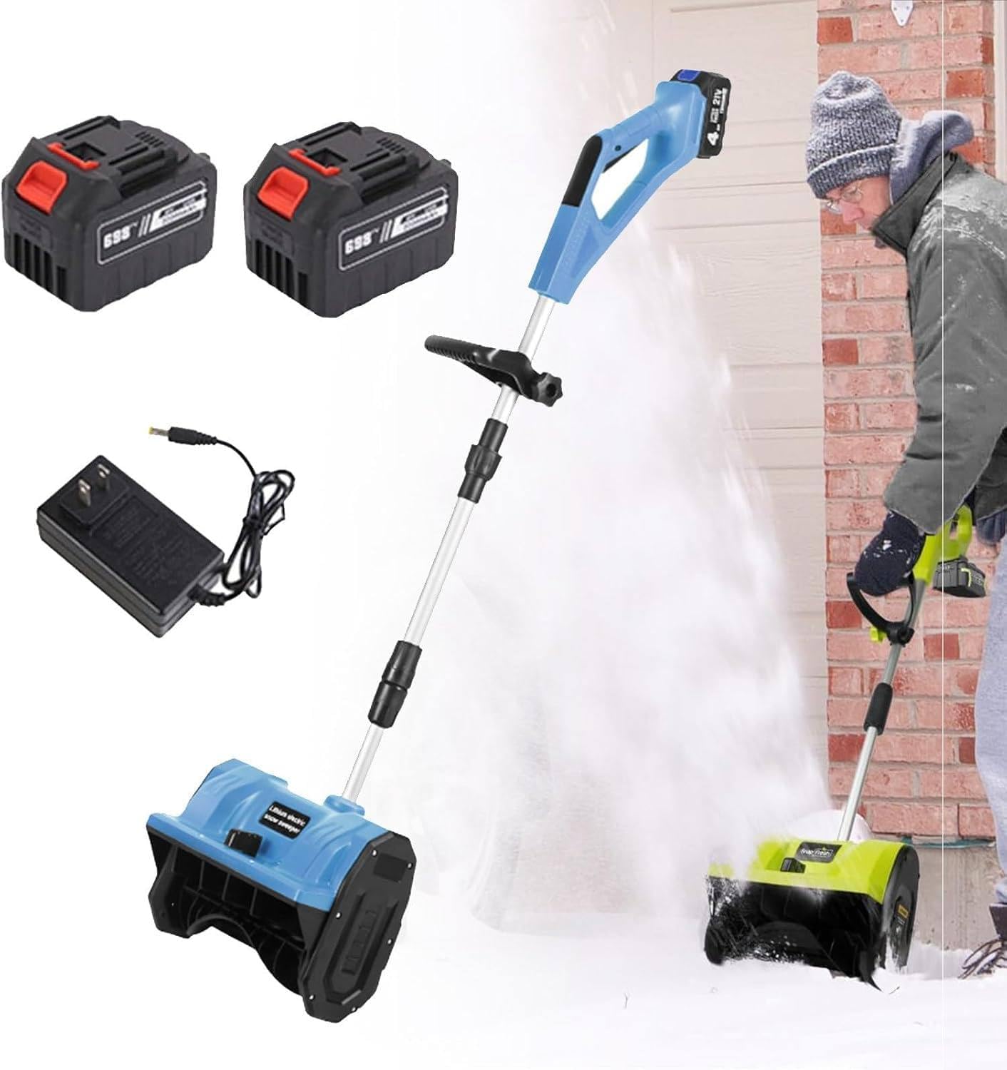 Cordless Snow Shovel with Two 4.0AH Battery and Charger,Electric Snow Shovel with 11-inch Width,6in Depth,26 FT Throw Distance,Snowblower Shovel for Patio Deck Driveway Blue