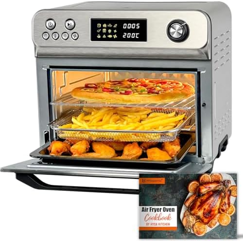 HYSapientia Air Fryer Toaster Oven Combo, 26Quart 10-in-1 Extra Large Countertop Convection Oven with LED Display Knob Control, 1800W Stainless Steel, Less Oil, Faster Cooking,7 Accessories+Recipe