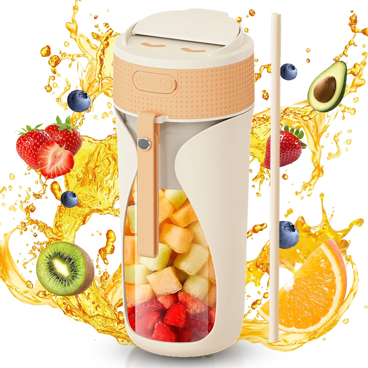 Portable Blender Cup- 450ml Multi-Function Blender with Ice-Crushing,Strong Cutting Power with 6 Blades, BPA Free, USB-C Rechargeable,Fruit Veggie Juicer Cup for Home, Sport, Office, Camping
