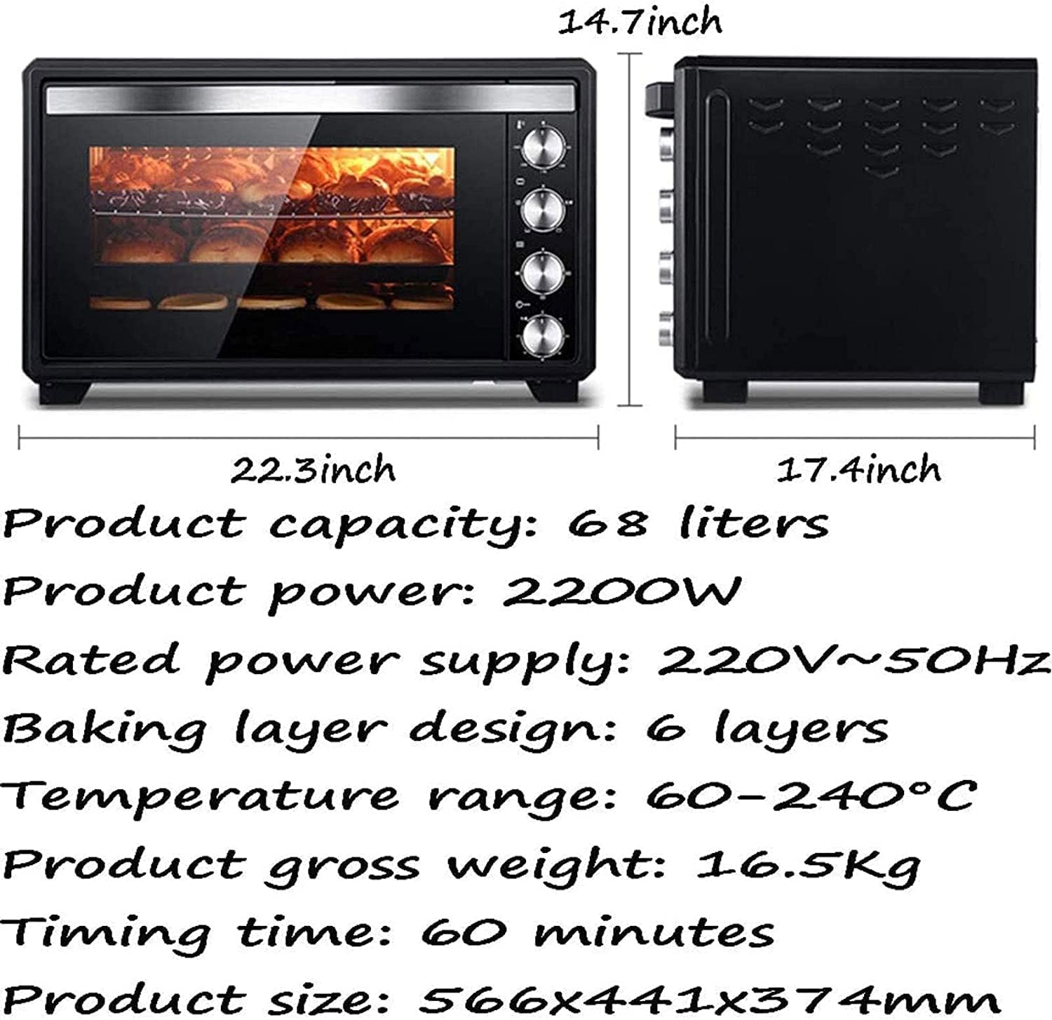 Electric Convection Oven Air Fryer 40L Large Capacity with 60min Timer Built-in Baking Light 90°C to 230°C Temperature Control for Toasting Baking and Broiling