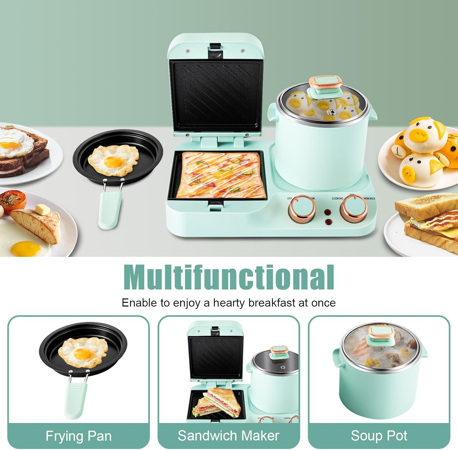 3-in-1 Breakfast Station, Electric Non-stick Mini Toaster Bread Sandwich Maker Machine & Frying Pan & Stock Pot, Multifunctional Cooking Station,Household Breakfast Appliances for Small Spaces