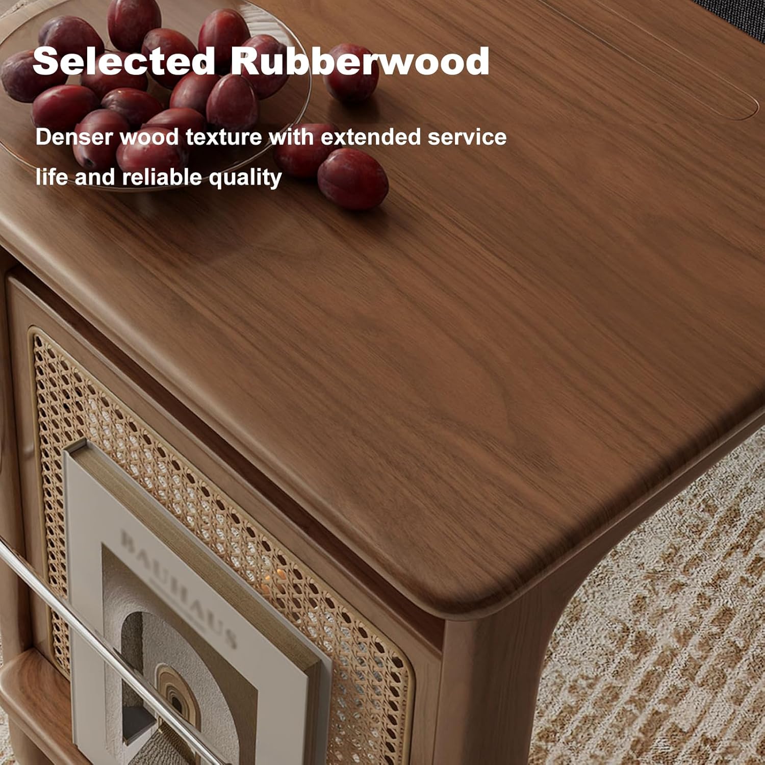 Wooden Robot Vacuum Cabinet with Wheels, Vintage Storage Cabinet for Vacuum with Decorative Rattan, Multipurpose Side Table for Living Room & Bedroom, 18.9/23.6