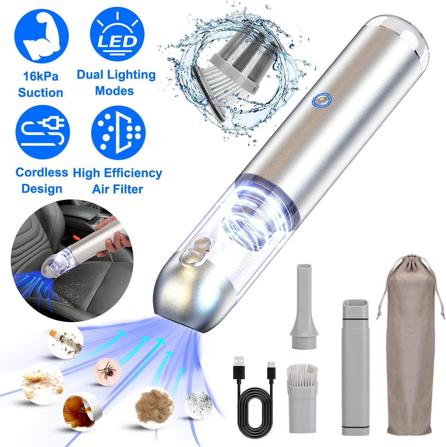 KOCASO Handheld Car Vacuum Cleaner 16000 Pa Powerful Suction with 2 Speeds High Efficiency Air Filter LED SOS Light，Rechargeable Lightweight Cordless Vacuum Cleaner for Car Office Home Keyboard