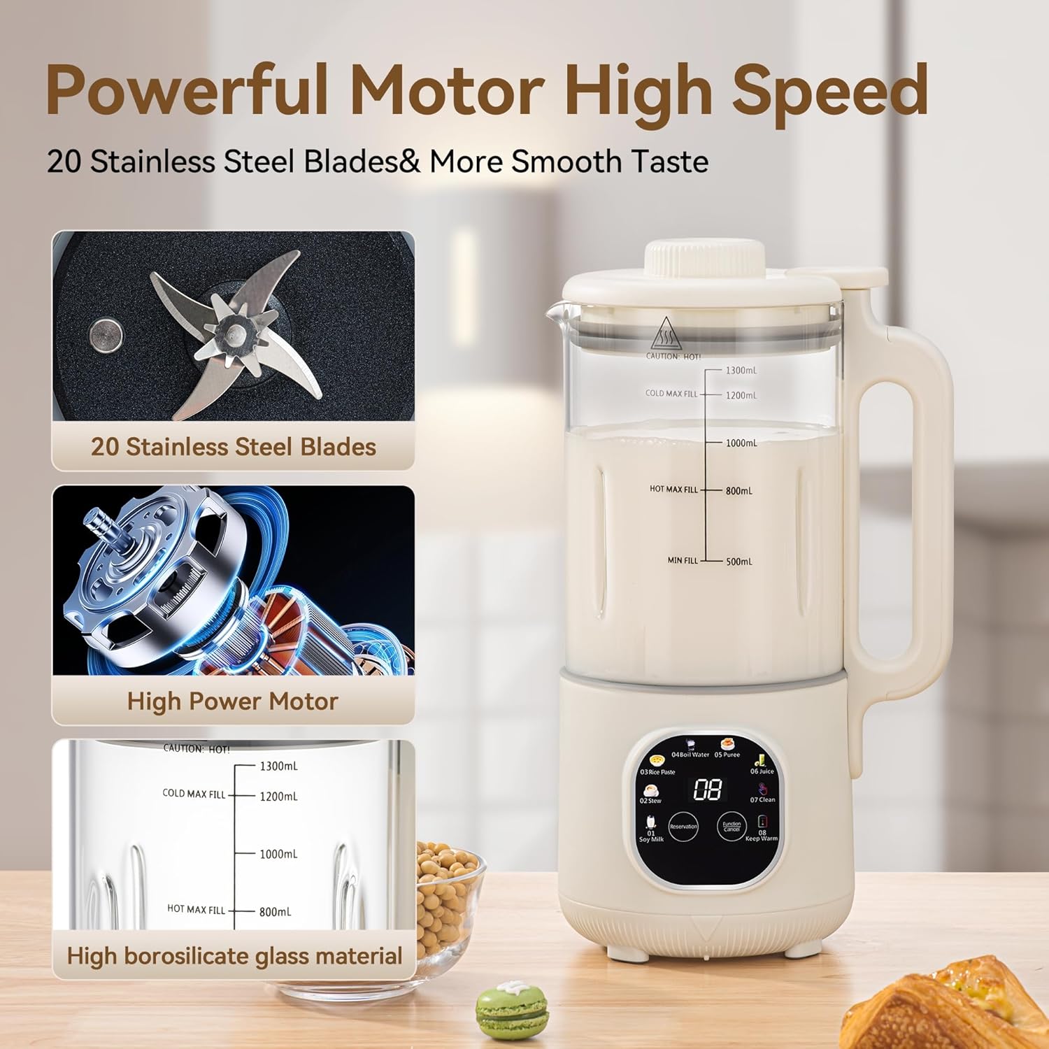 8 in 1 Nut Milk Maker Blender With 20 Bladers,40oz Soy, Almond, Oat, Coconut, Plant Based and Non Dairy Beverages, Automatic Soybean Machine With Delay Start/Keep Warm/Boil Water/Auto-clean