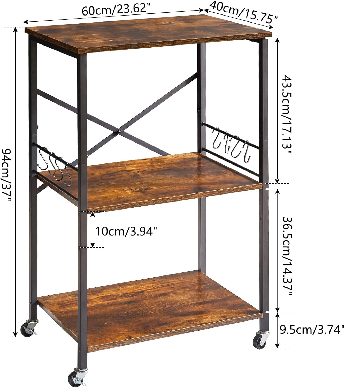 IBUYKE Kitchen Shelf Cart, 3-Tier Microwave Oven Stand, Baker’s Rack with Metal Frame and 8 Hooks, Industrial Printer Stand, Utility Standing Storage Shelf for Coffee Bar, Simple Assembly, TMJ023H