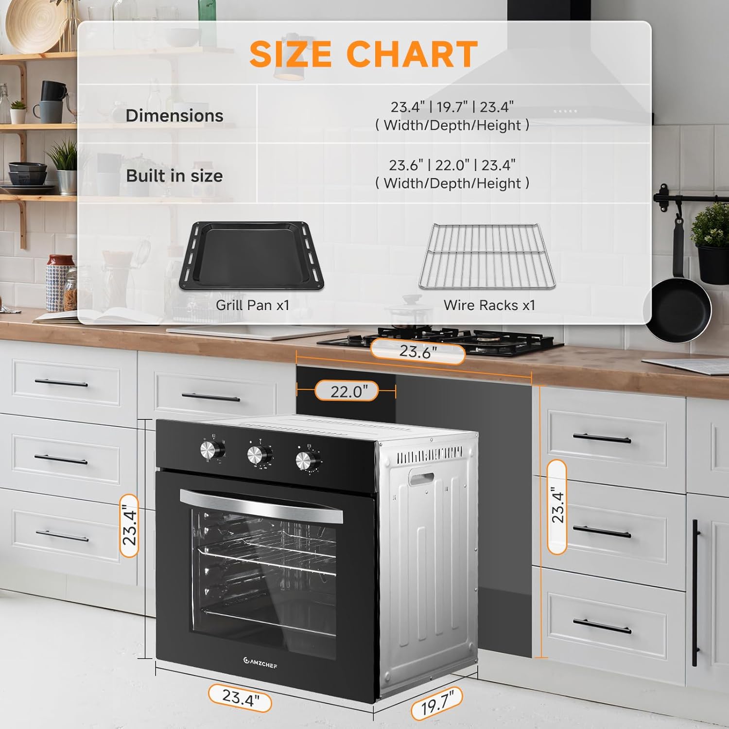 AMZCHEF Wall Ovens 24 inch Electric: 2800w Single Wall Oven with 6 Cooking Modes, 2.72 Cu.Ft. Electric Wall Oven, Convection Oven with Mechanical Knobs Control, Black