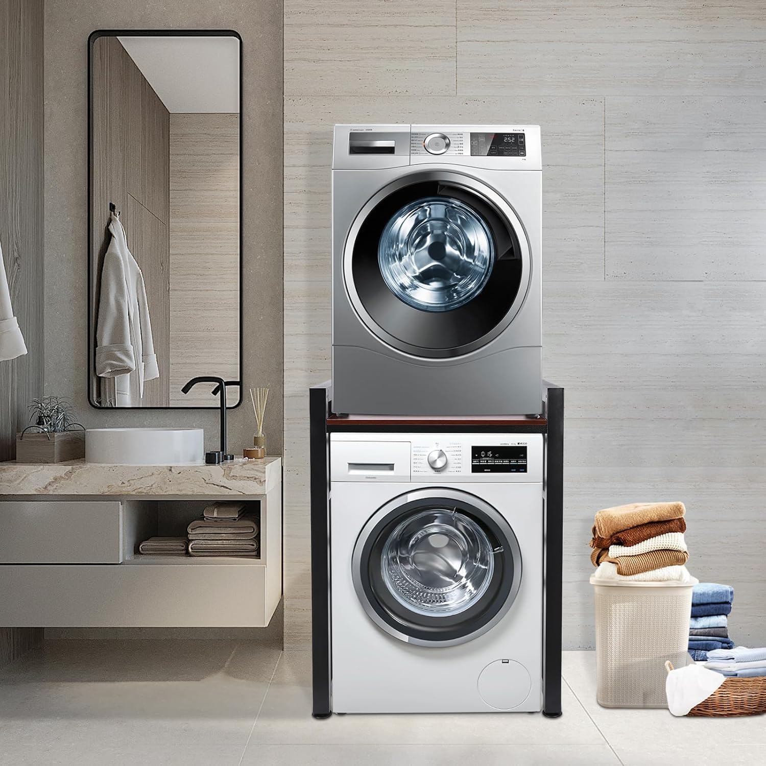 Steel Washer Dryer Stacking Rack Shelf, Standing Washing and Dryer Machine Stackable Rack Stand Save Space Laundry Room Organizer Heavy Duty Shelf Adjustable Height for Small Space