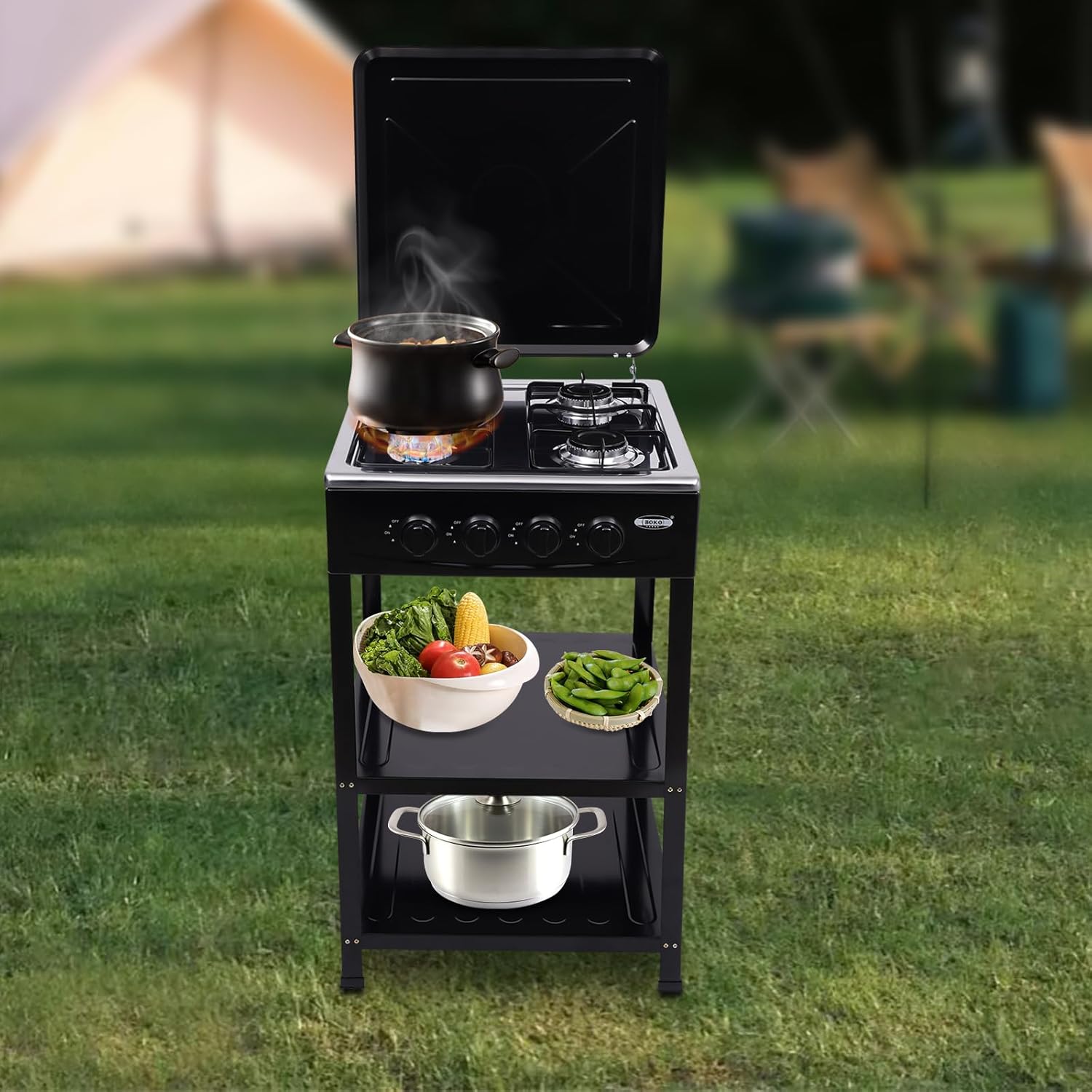 4-Burner BBQ Gas Grill,Steel Silver Outdoor Portable Camp Stove with 2 Tiers Stand and Legs,Wind Blocking Cover Adapter Manual Ignition Gas Stove for Backyard,Camping or Picnicking (Black)