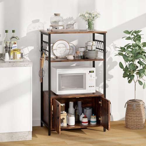 GOFLAME Kitchen Baker's Rack with Cabinet, 3-Tier Pantry Cabinet with 2 Open Shelves, 10 S-Shaped Hooks, Industrial Microwave Oven Stand with Metal Frame, Bookshelf Rack for Living Room, Brown