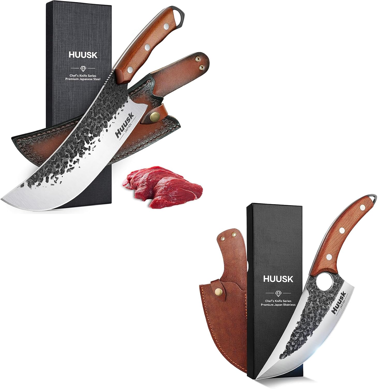 Huusk Japan Knive Set, Butcher Knife for Meat Cutting, Meat Cleaver Knife Heavy Duty with Sheath, Hand Forged Cooking Knife with Full Tang handle for Kitchen or outdoor